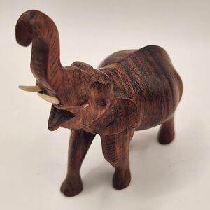 VTG Hand-Carved Wooden Elephant Trunk-Up 3" (L) x 1.5" (W) x 3" (H) Unmarked